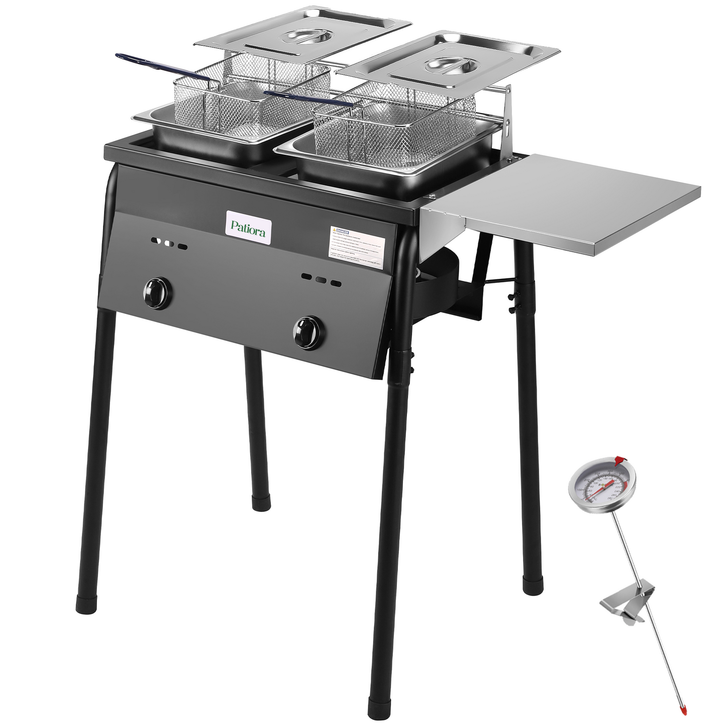 Patiora Cast Iron Deep Fryer with 2 Stainless Baskets and Steel Oil Tank