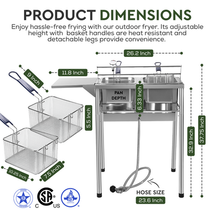 Patiora Two-Tank Stainless Steel Deep Fryer - Propane Deep Fryer Commercial