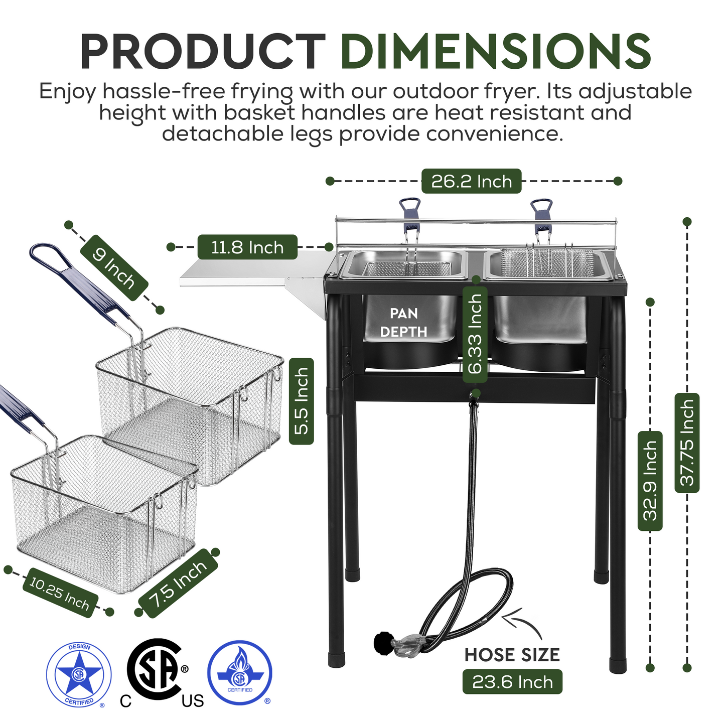 Patiora Cast Iron Deep Fryer with 2 Stainless Baskets and Steel Oil Tank