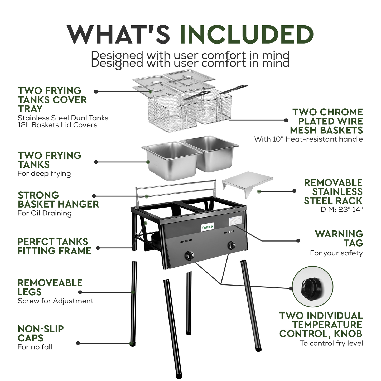 Patiora Cast Iron Deep Fryer with 2 Stainless Baskets and Steel Oil Tank