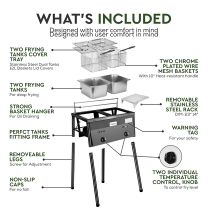Patiora Cast Iron Deep Fryer with 2 Stainless Baskets and Steel Oil Tank