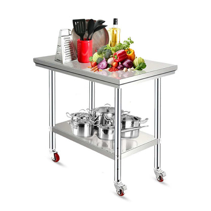 Stainless Steel Work Table with Adjustable Undershelf and Wheels for Commercial Use. Robust Design Perfect for Busy Kitchens and Food Prep Areas (24 x 30 x 33.8 Inch)