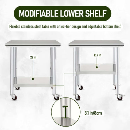 Stainless Steel Work Table with Adjustable Undershelf and Wheels for Commercial Use. Robust Design Perfect for Busy Kitchens and Food Prep Areas (24 x 30 x 33.8 Inch)