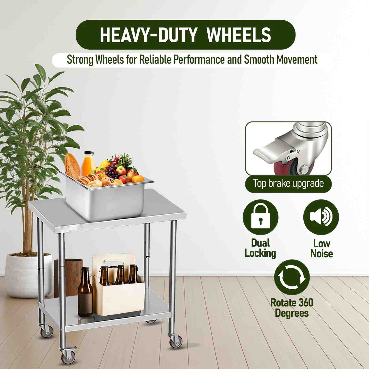 Stainless Steel Work Table with Adjustable Undershelf and Wheels for Commercial Use. Robust Design Perfect for Busy Kitchens and Food Prep Areas (24 x 30 x 33.8 Inch)