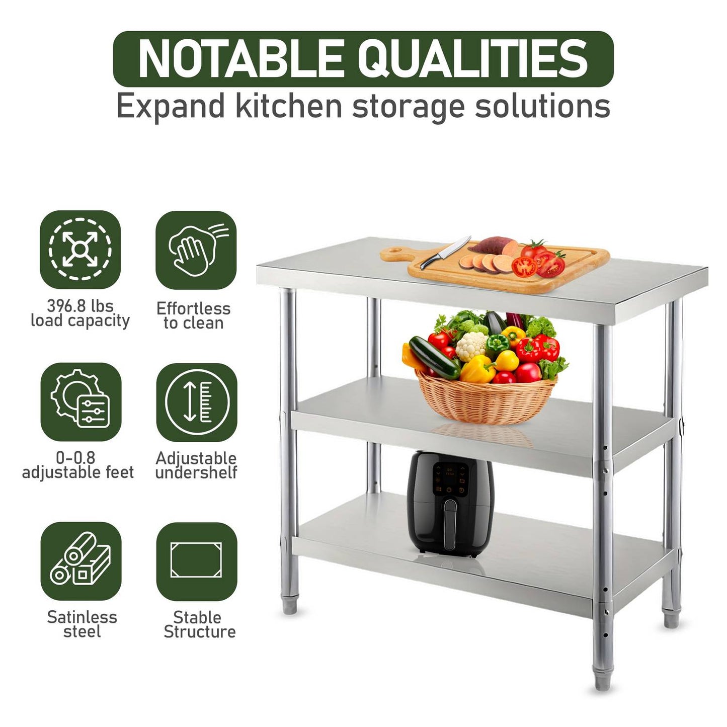 Stainless Steel Work Table
Adjustable Shelves
Commercial Kitchens 
Stainless Steel Finishes
Stainless Steel Finish
Restaurant Kitchens 
Pro Home Cooks